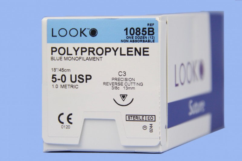 Look 1085B Polypropylene Blue Monofilament Reverse Cut Sutures C3 5/0 18 Look 1085B Polypropylene Blue Monofilament Reverse Cut Sutures C3 5/0 18